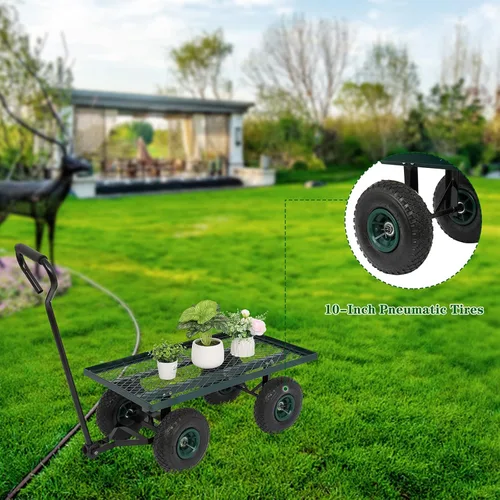 Vista 6 de Outvita Carrito de jardín de cubierta de metal con neumáticos de aire de 10 pulgadas, carrito de carro resistente para granja, patio y carga (verde)