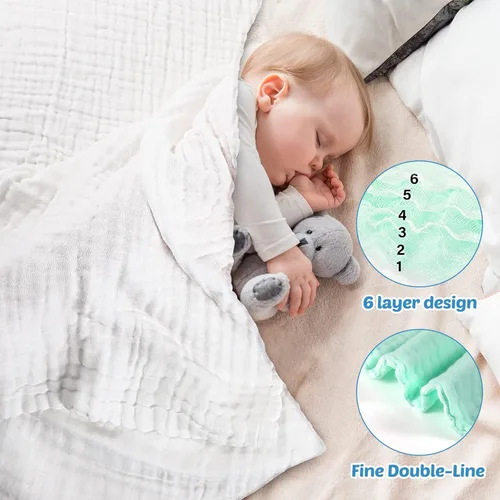 Vista 5 de Chumia Juego de 6 toallas de baño de muselina para bebé, tamaño grande de 43.3 x 43.3 pulgadas, 6 capas de algodón suave, transpirable, de secado