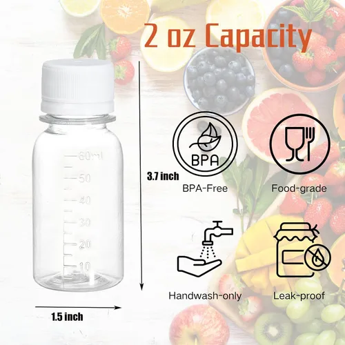 Vista 2 de ZENFUN 48 botellas pequeñas de plástico transparente de 2 onzas con tapa, botellas de jengibre con tapa, botella vacía para jugo, líquidos, whisky