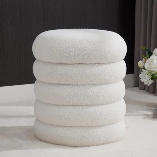 Vista 3 de Taburete otomano tapizado de sherpa redondo blanco con reposapiés pequeño Boucle para dormitorio, sala de estar, entrada, dormitorio