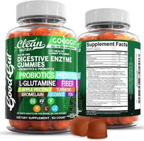 Clean Nutraceuticals Enzimas digestivas con probióticos y prebióticos para la salud digestiva Gomitas y L-Glutamina para la salud intestinal