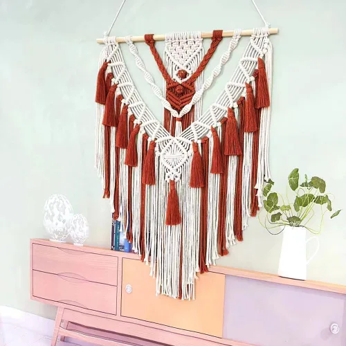 Vista 5 de Tapiz bohemio de macramé para colgar en la pared y decoración de pared, tapiz de algodón hecho a mano con borla, arte de pared tejido de macramé