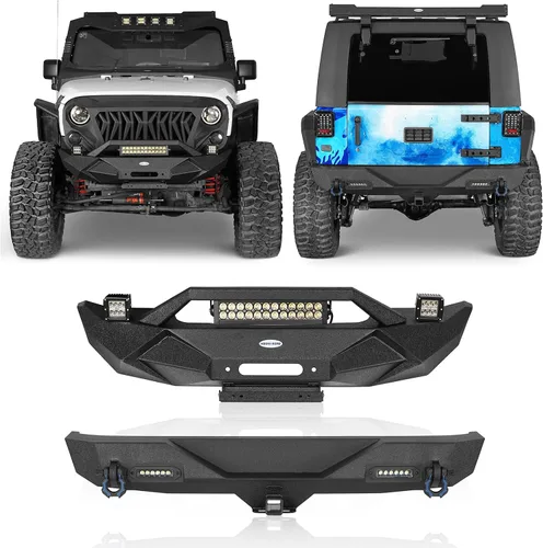 Hooke Road Wrangler JK Parachoques delantero con placa de cabrestante y luces LED + parachoques trasero Combo para Jeep Wrangler JK 2/4 puertas