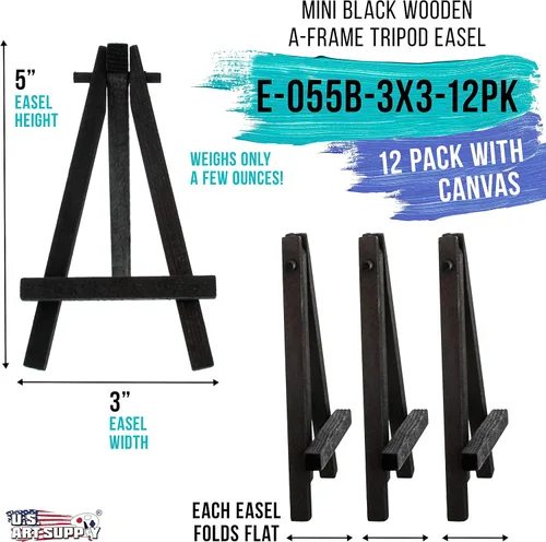 Vista 2 de U.S. Art Supply Lienzo estirado de 3 x 3 pulgadas con kit de mini caballete de 5 pulgadas (paquete de 12) - Soporte de mesa de madera negra