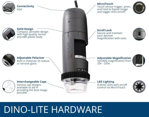 Vista 3 de Dino-Lite Microscopio digital VGA AM5216ZT- 720p, aumento óptico 20x - 220x, luz polarizada, no necesita software, se conecta directamente a una