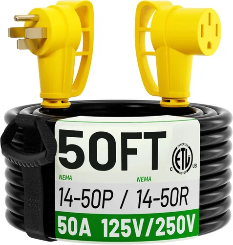Vista 12 de POWGRN NEMA 14-50P a NEMA 14-50R Cable de extensión de alimentación de 50 amperios para RV/EV de 30 pies al aire libre con mango de agarre, cable