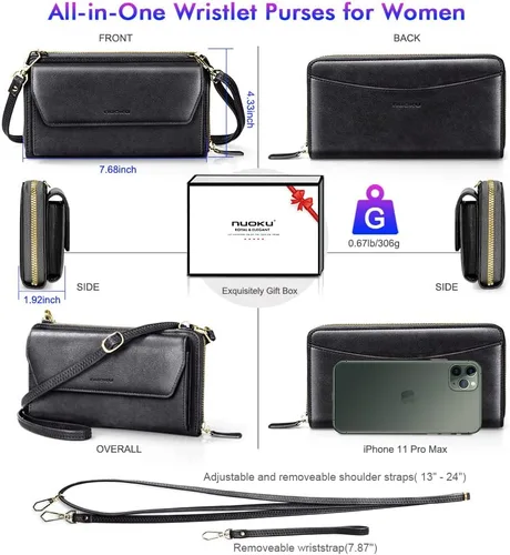 Vista 4 de nuoku Cartera RFID para mujer, bolso cruzado con cremallera alrededor de 2 correas