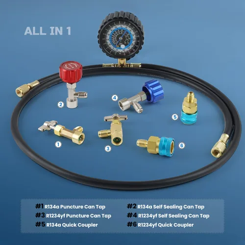 Vista 5 de Lichamp Kit de recarga de refrigerante R1234yf, AC R134a 1234yf Gauge Set incluye adaptadores y grifos de lata, B201