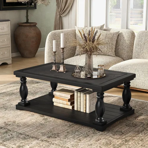 Vista 27 de JIVOIT Mesa de centro de granja con estante de almacenamiento, mesa auxiliar rectangular de 47.24 pulgadas de largo con parte superior de tablones