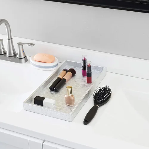 Vista 5 de Home Basics Bandeja de tocador para maquillaje, joyas, perfumes, cosméticos, organizador de baño (horizontal, tejido metálico)