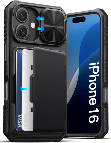 Vista 15 de ATATOO Funda para iPhone 16, tarjetero integrado (almacena 3-5 tarjetas) y protector de cámara deslizante, protección de grado militar, bonita funda