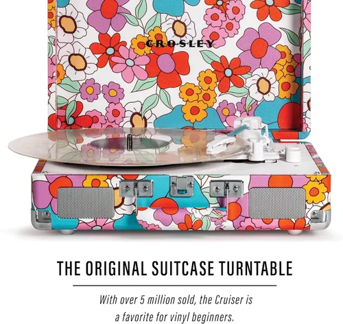 Vista 2 de Crosley CR8005F-GF Cruiser Plus - Tocadiscos de vinilo vintage de 3 velocidades con Bluetooth y maleta con altavoces integrados, diseño floral