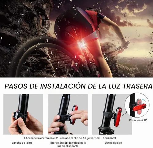 Vista 5 de Paquete de 2 luces LED recargables por USB para bicicleta, luz trasera de bicicleta, reflector, luz de seguridad, impermeable, brillante, luz