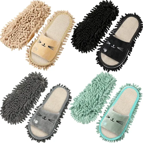 Vista 8 de Wesiti 4 pares de pantuflas lavables de microfibra divertidas, zapatos de limpieza de piso para mujer, para el hogar