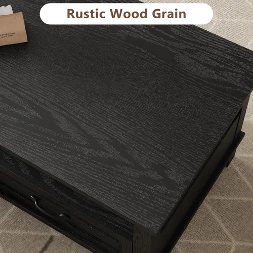 Vista 7 de GarveeHome - Mesa de café de estilo granja con cajones, mesa de centro rústica de 47.2 pulgadas, mesa de sala de estar negra, con estante abierto