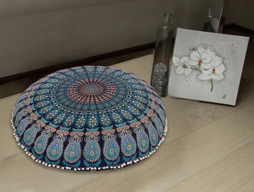 Vista 2 de Funda para cojín de mandala, estilo decorativo hippie, bohemio, puf otomano, indio, con pompones, fundas de almohada