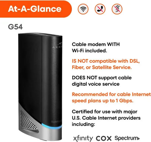 Vista 5 de ARRIS (G54) - Combo de enrutador de módem por cable - Fast DOCSIS 3.1 Multi-Gigabit y BE 18000 WiFi 7 Comcast Xfinity, Cox, Spectrum Quad-Band 1
