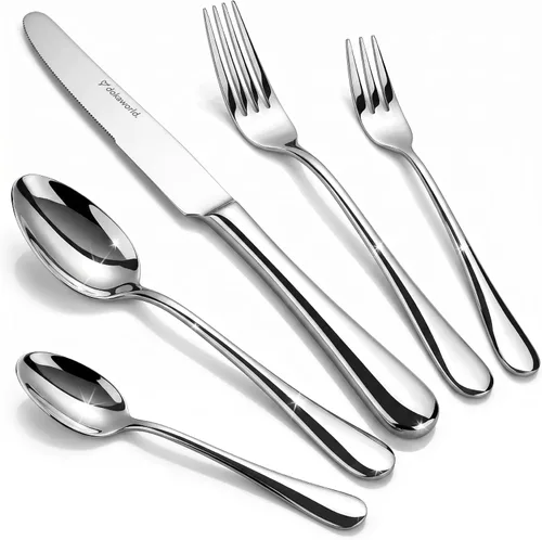 Juego de cubiertos pulidos de diseño moderno para 8 personas, 40 piezas, cucharas, tenedores y cuchillos, acero inoxidable 18/10, apto para