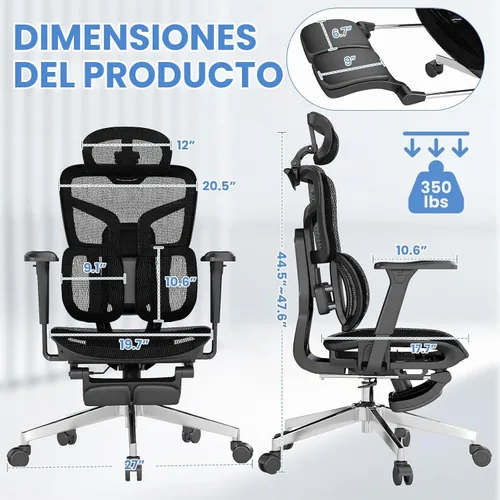 Vista 7 de MOJAY Silla de oficina ergonómica con reposapiés y soporte lumbar Negro