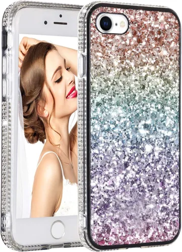Vista 13 de Solomo Funda para iPhone 8 Plus, iPhone 7 Plus, con purpurina de lujo, diseño de arco iris, funda protectora gradual con diamantes brillantes de TPU