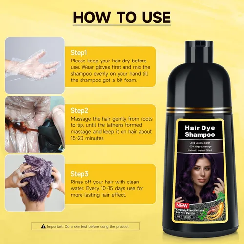 Vista 6 de Champú de tinte para el cabello morado, champú de color para cobertura de cabello gris, champú de tinte de cabello morado a base de hierbas 3 en 1