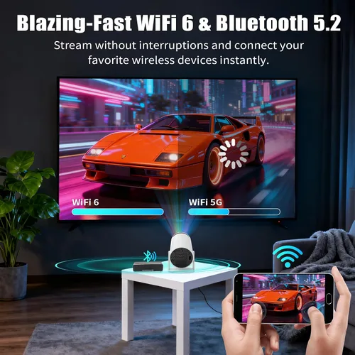 Vista 4 de LJYT Mini proyector, proyector portátil 1080P, compatible con 4K, WiFi 6, Android 11, 200 lúmenes ANSI, Keystone automático, Bluetooth 5.4, rotación
