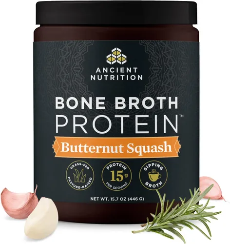 Ancient Nutrition - Proteína en polvo de caldo de hueso, sabor a calabaza, pollo y vaca alimentados con pasto, 0.53 onzas de proteína por porción,