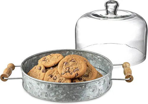 Vista 5 de Royalty Art Plato rústico para pastel con cúpula de cristal, plato rústico para cocina y comedor con asas de transporte, base de acero galvanizado