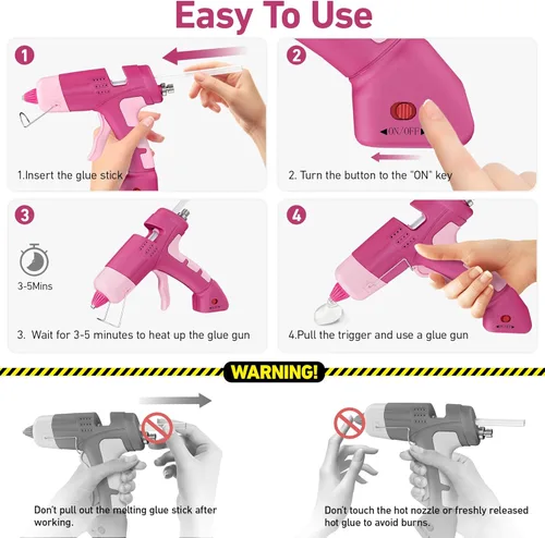 Vista 3 de Pistola de pegamento caliente con 30 barras de pegamento, juego de pistola de pegamento caliente rosa recargable de 20 W, mini pistola de pegamento