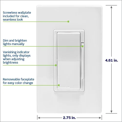 Vista 5 de Leviton - Decora Smart D26HD-2RW Interruptor de regulador de intensidad, Wi-Fi, segunda generación, requiere cable neutro, funciona con 3 vías