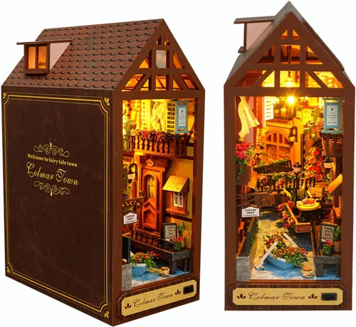 Vista 8 de Roroom Kit de Rincón de Libros DIY, Casa de Muñecas Booknook Inserto Decorativo para Estantería Callejón, Rompecabezas de Madera 3D con Inserto