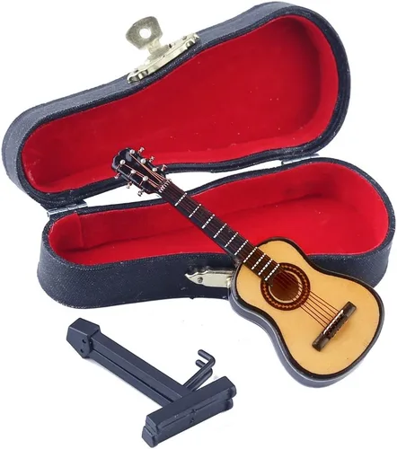 Vista 5 de Guitarra miniatura de madera con soporte y estuche, mini instrumento musical, réplica de guitarra, figuras coleccionables, accesorios de casa