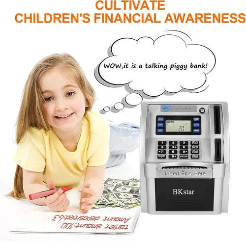 Vista 5 de BKstar alcancía parlante estilo cajero automático para niños con tarjetas de débito, memoria de apagado, cajón de apertura automática para dinero