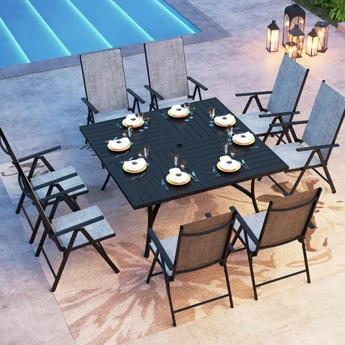 Vista 10 de PHI VILLA Juego de comedor de patio de 9 piezas, muebles de patio al aire libre con sillas plegables portátiles ajustables (azul) y mesa de comedor