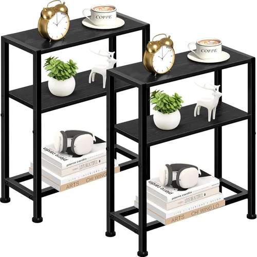 Vista 13 de Mesa auxiliar estrecha para espacios pequeños, mesa auxiliar pequeña de 2 niveles con soporte para estantes, mesita de noche delgada, mesa de sofá