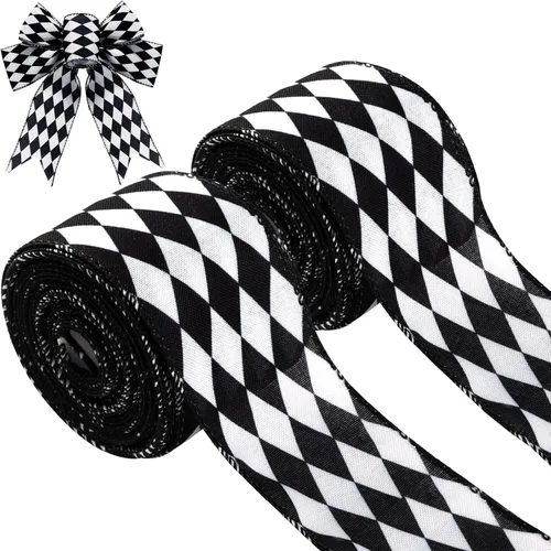 2 rollos de cinta a cuadros de Navidad, color blanco y negro, borde con alambre, patrón de diamante, cintas decorativas para envolver árboles de