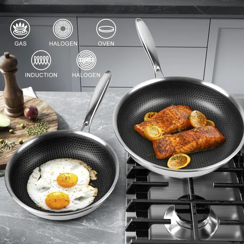 Vista 3 de Innerwell - Sartén de 12 pulgadas de acero inoxidable de tres capas con tapa, sartén grande antiadherente con revestimiento de nido de abeja