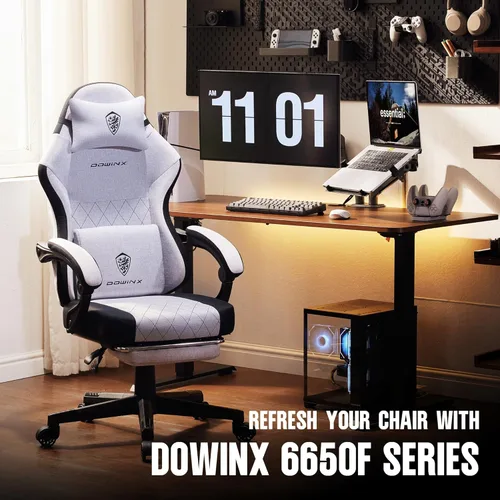 Vista 8 de Dowinx Silla de tela para videojuegos, silla ergonómica para computadora con reposapiés y cojín de resorte de bolsillo, silla de videojuegos de Gris