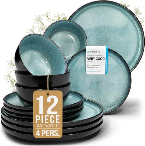 Vista 49 de Juego de vajilla de gres para 4 personas 12 piezas – Juego de platos y cuencos negros mate – Apto para lavavajillas, microondas y resistente a