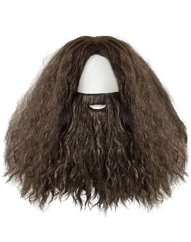 Vista 3 de Peluca larga y rizada marrón con peluca de mago de barba, esponjosa, accesorios para disfraz de cosplay, accesorios de fiesta de Halloween, hombres