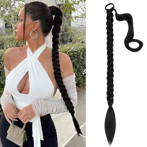 Extensión de cola de caballo larga trenzada con lazo elástico, extensión de cabello lacio envolvente, extensión de cabello trenzado, extensión de