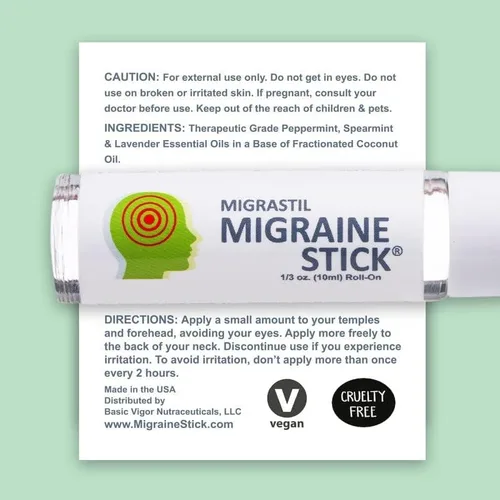 Vista 4 de Basic Vigor Migrastil Migraine Stick Paquete de 3 unidades de Natural Migraine Roll-on. Fabricado en los Estados Unidos. con aceites esenciales