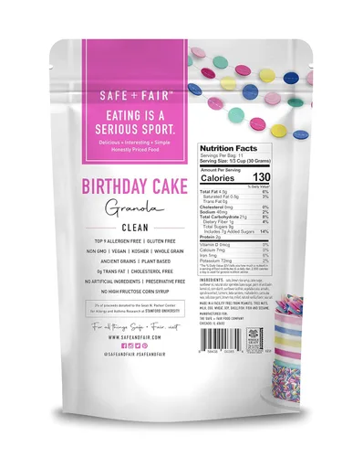 Vista 2 de Safe + Fair - Granola de Pastel de Cumpleaños, sin gluten, vegano y a base de plantas con chispitas naturales, 0g de grasas trans, sin OGM, kosher