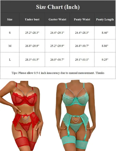 Vista 5 de Aranmei Conjunto de lencería de red de pestañas sexy para mujer, conjunto de brasier y bragas con aro de cadena, 4 piezas