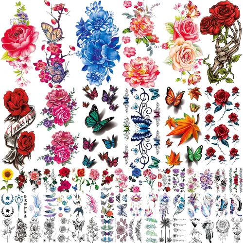 82 hojas de calcomanías de tatuajes temporales de flores, rosas, mariposas y estilo mixto multicolor, arte corporal, tatuajes temporales para