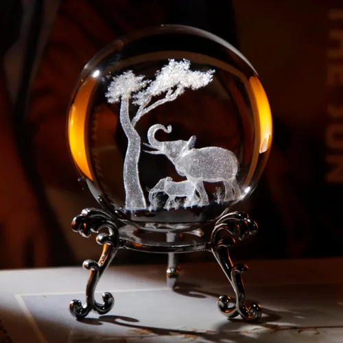 Vista 6 de Figuras de elefante de cristal láser 3D de 2.36 pulgadas para padres e hijos, bola de cristal pisapapeles con base de soporte, animales de cristal
