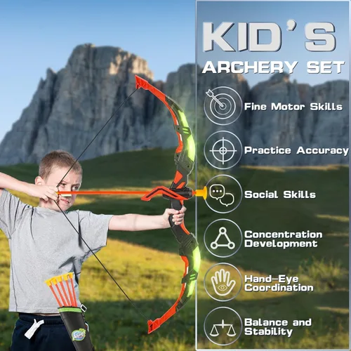 Vista 5 de Juego de juguetes de tiro con arco para niños, juego de arco y flecha con luz LED con 10 flechas de ventosa, objetivo de pie y carcaj