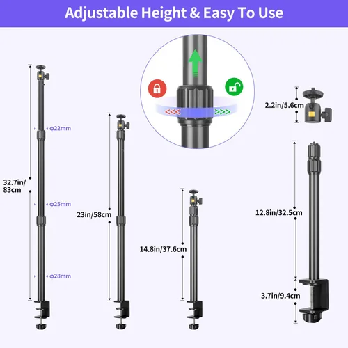Vista 3 de Soporte para cámara web de montaje de escritorio para cámara web con cabezal de bola de 360°, soporte de luz de mesa ajustable de 14 a 33 pulgadas