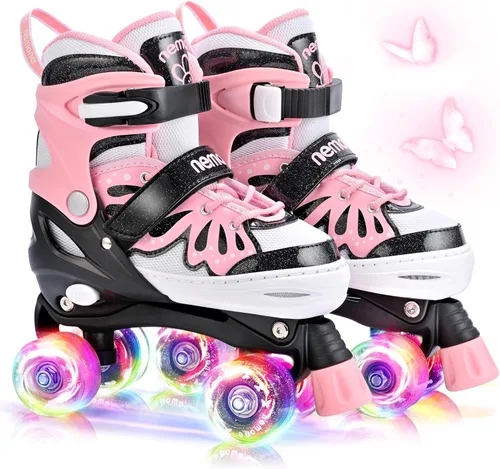 Vista 11 de NEMONE - Patines de sirena con ruedas iluminadas y 4 tamaños ajustables para niñas, azul y morado, para niños pequeños, para principiantes