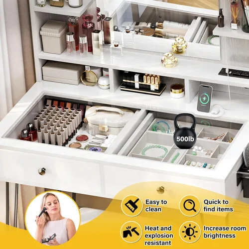 Vista 2 de TC-HOMENY Escritorio de maquillaje con parte superior de cristal, tocador con soporte para herramientas para el cabello y estación de carga, 2
